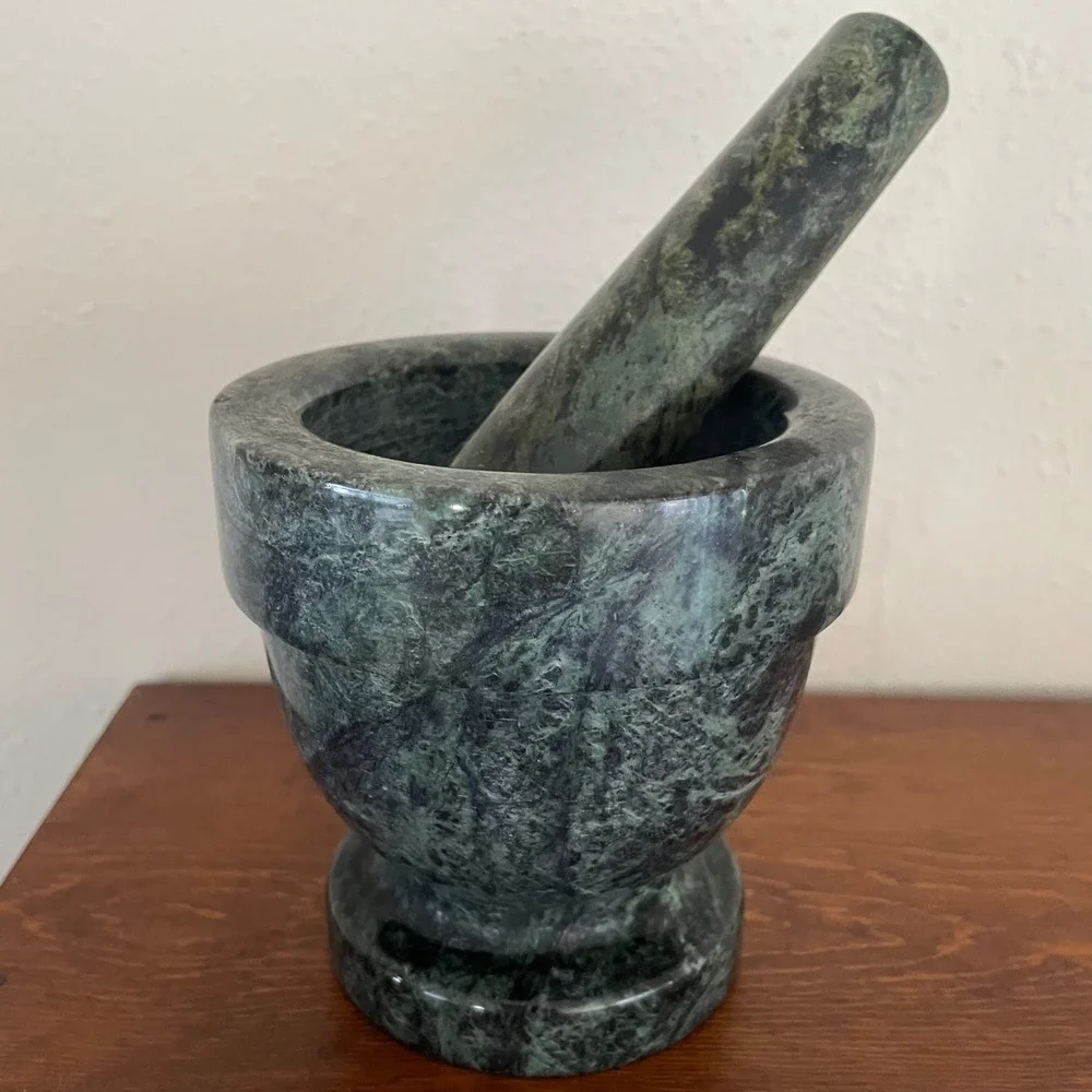 Vintage Natural Green Marble Mortar & Pestle Spice Herb FootedGrinder